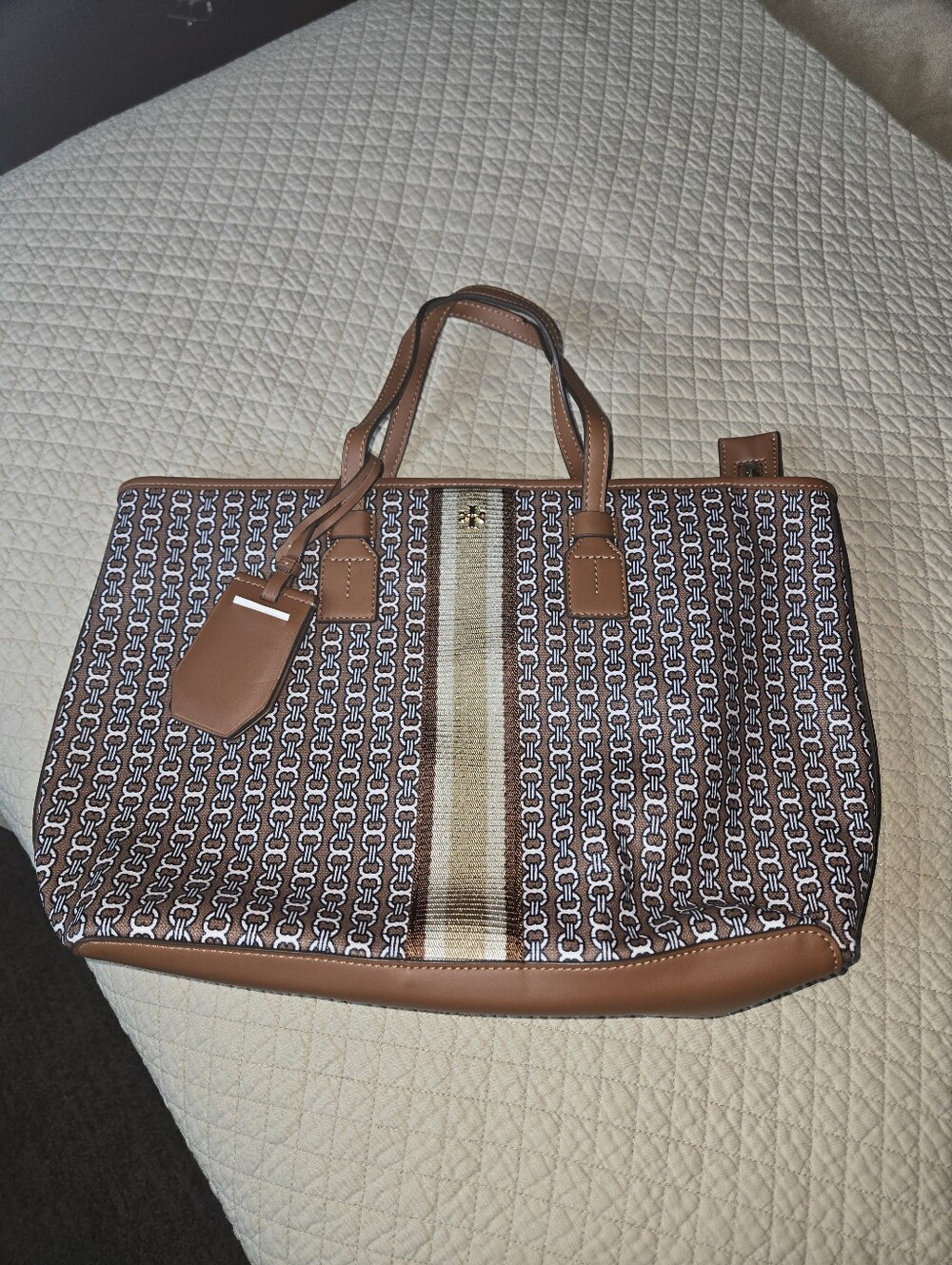 Tory Burch Brown Monogram Tote with Tan Leather Trim and Center Stripe